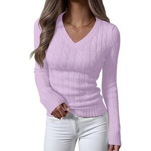 Womens Light Purple Pull On Cable Knit Long Sleeve V Neck Fitted Casual Sweater